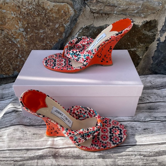 Jimmy Choo Shoes - Jimmy Choo Curve Tooled Leather Heel Wedge Split Toe Fabric Strap Sandal